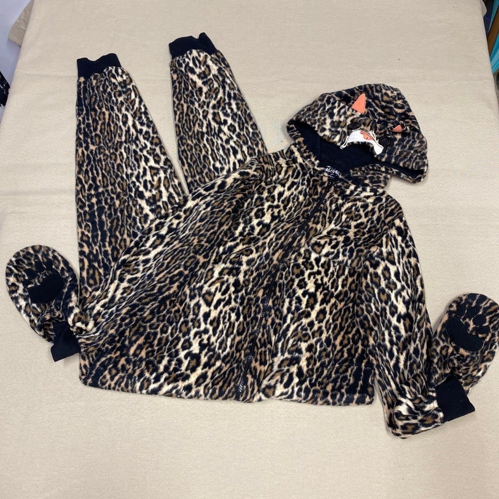 Nick & Nora Cat Hooded One Piece Pajamas Leopard Animal Print Fleece Small